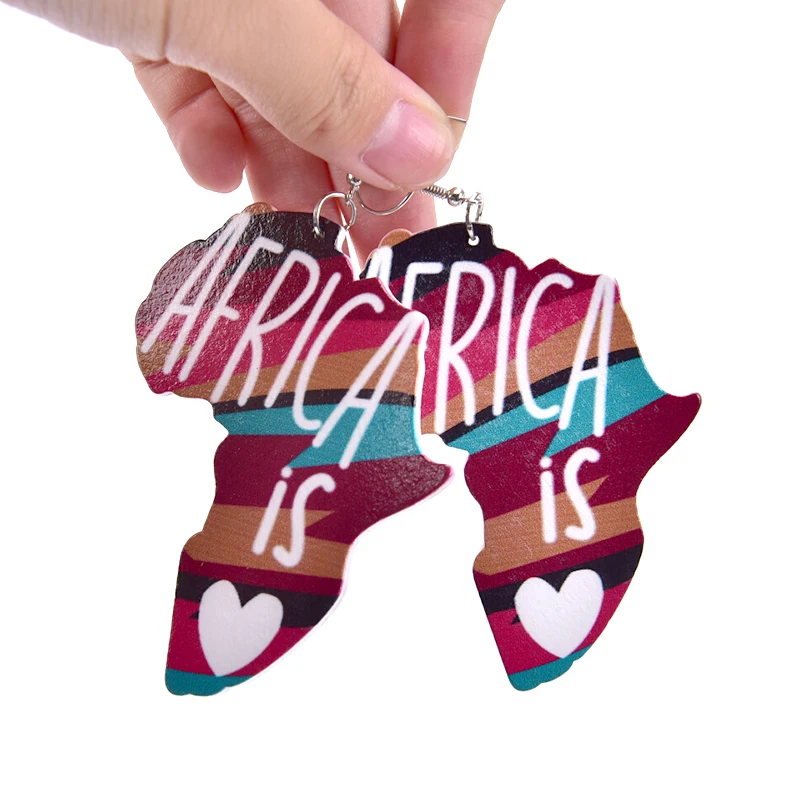 

Fashion Vintage Map Shape Wood Printing Women Pendant Drop Earring Statement African Ethnic Jewelry For Women Girls Wholesale