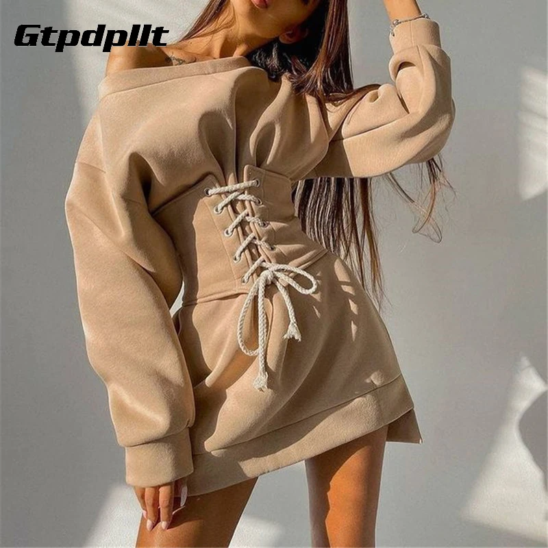 

Gtpdpllt Casual Mini Sweatshirt Dress With Corsets Women Autumn Clothes Oversized Long Sleeve Tunic Party Winter Dress 2021