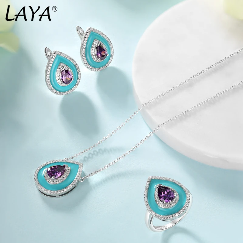 Laya Silver Necklace Earrings Sets For Women 925 Sterling Silver High Quality Zircon Natural Blue Purple Fushion Stone Jewelry