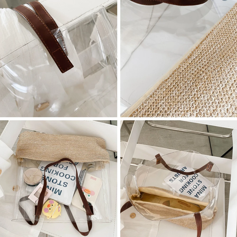

Fashion Clear Straw Beach Shoulder Bags Designer Pvc Jelly Tote Bags for Women 2021 Large Weave Handbags Transparent Shopper Bag