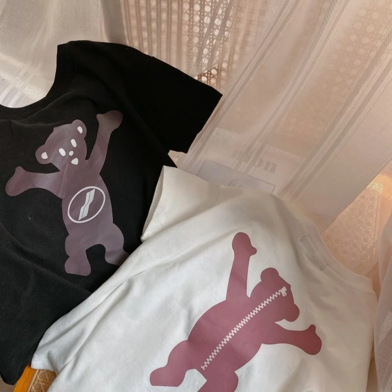 

2021 New Cartoon Zipper Bear Print Brand Luxury Design Oversized T-shirts Children's Clothing Boys Girls Clothes for Teenagers