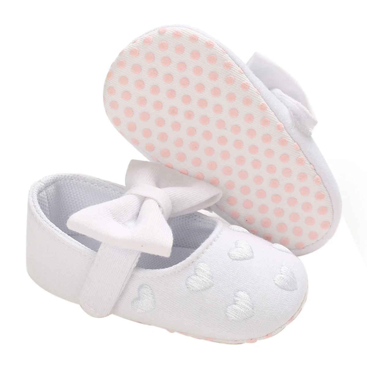 

Infant Baby Girl Crib Shoes Heart Embroidery Anti-Slip Soft Sole Heart Print Flats Cute Bow First Walkers
