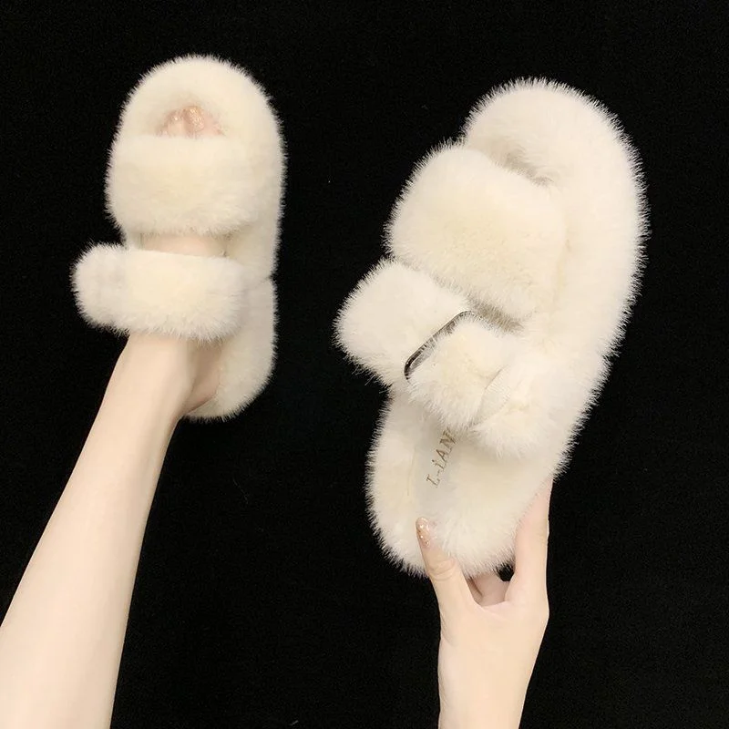 

Indoor and outdoor women's home cotton slippers in autumn and winter, plush thick-soled cake tassels, warm slippers house shoes
