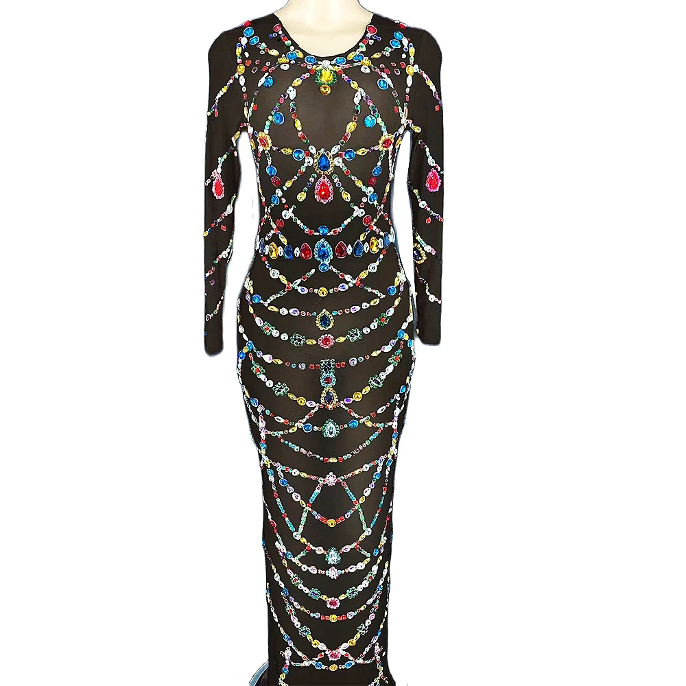 

Shining Multi-Color Diamonds Long Sleeve Women Dresses Tight Stretch Mesh Perspective Dresses Evening Prom Costumes