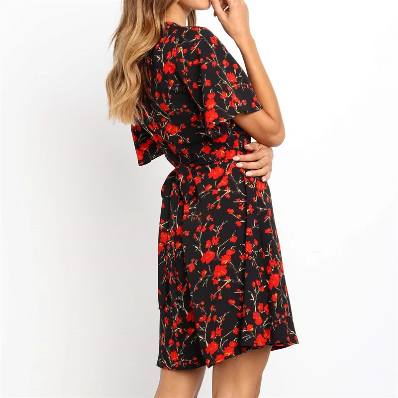 

Women Dress 2020 Boho Floral Print Chiffon Mini Dress V Neck Flare Sleeve Ladies Elegant A Line Party Dresses Plus Size Vestidos