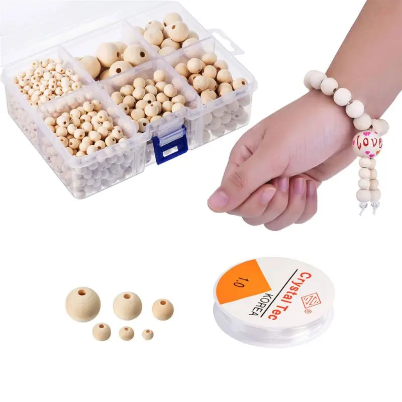 

1105Pcs 6 Sizes Wooden Beads Natural Round Wood Beads Set with 1 Roll Crystal Elastic Line for DIY Jewelry Craft Making X5QE