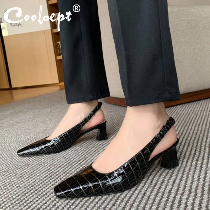 

Coolcept Women Pumps Shoes Fashion Stone Pattern Patent Leather Shoes Women Slingbacks Square Toe Slip On Footwear Size 34-39