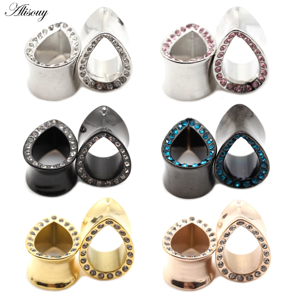 

Alisouy 2pcs New Water Drop Teardrop Crystal Zircon Ear Tunnels Expanders Stretcher Gauges Stainless Steel Piercing Body Jewelry