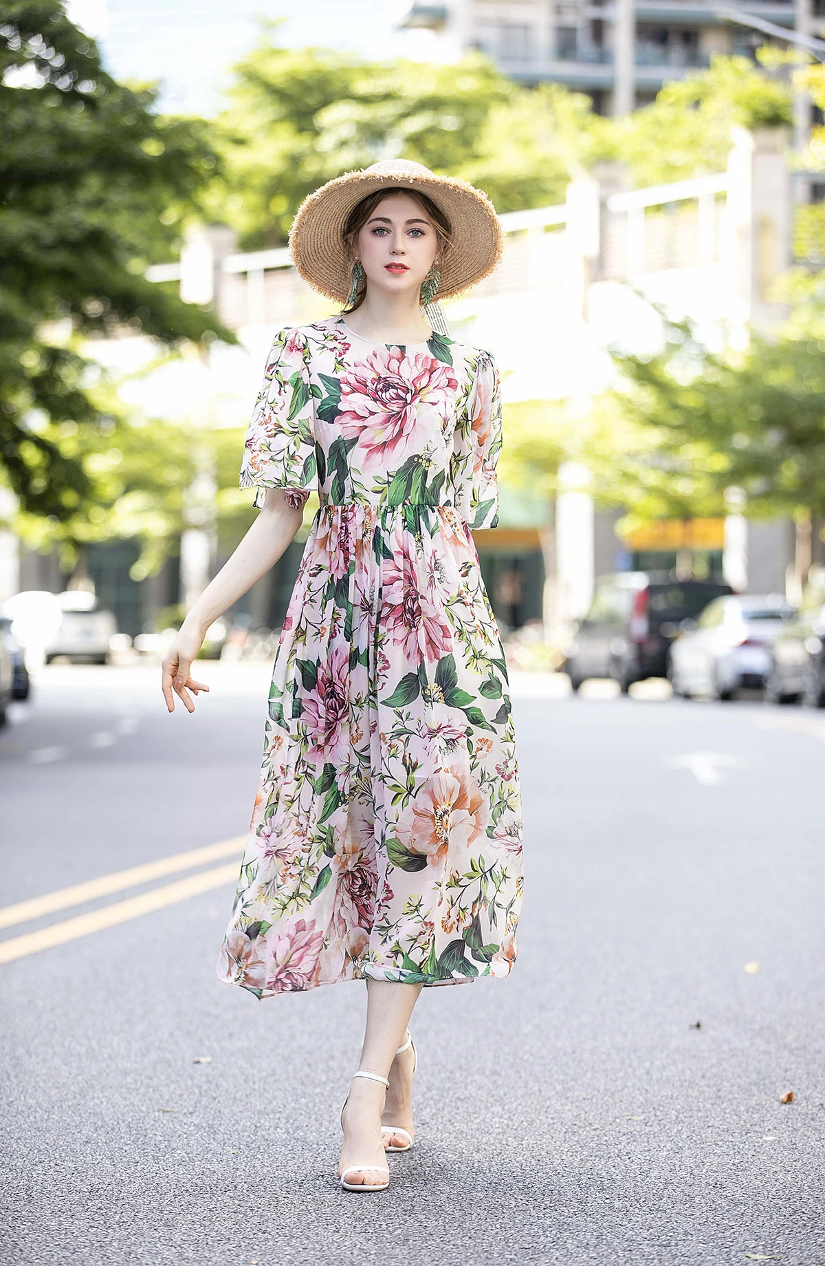 

Runway Designer Summer Vocation Beach Dresses Women's Elegant O-Neck Half Sleeve Flower Printed Midi Holiday Vestdios