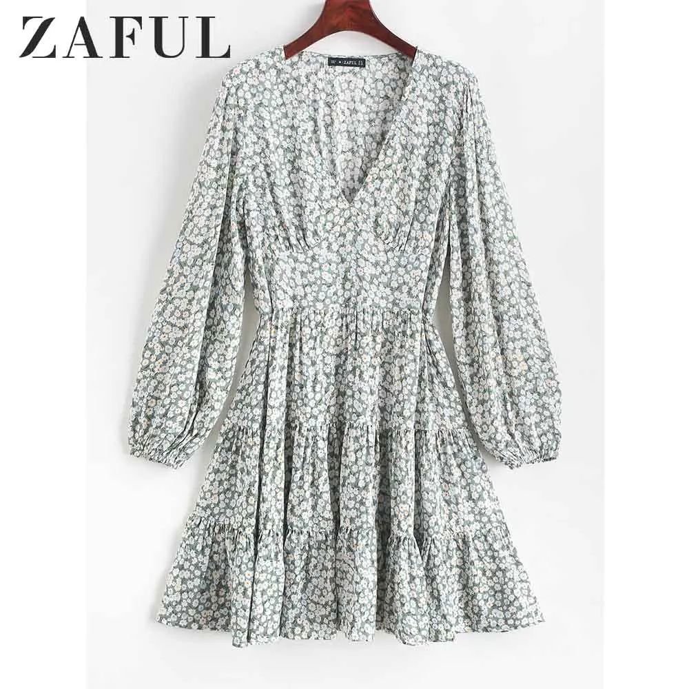 Женское платье с оборками и длинным рукавом ZAFUL повседневное мини трапециевидной