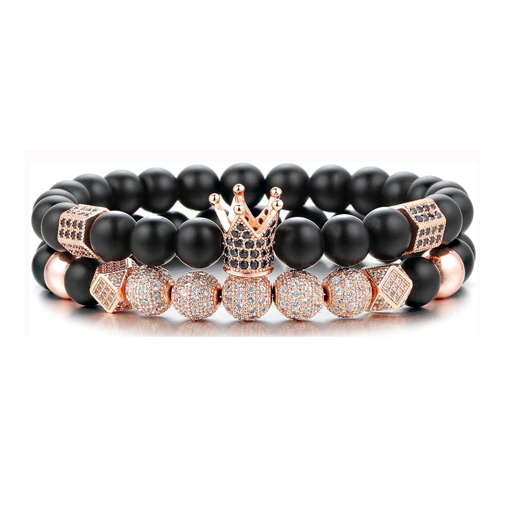 QIMOSHI 2PCS Rose Gold Crown King Charm Stone Beads Bracelet for Men WomenBlack Matte Onyx Beads Gift Box Packing