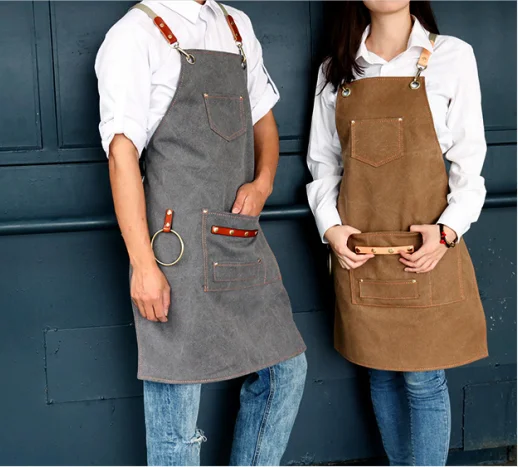 

Canvas Bib Leather Chef Kitchen Apron Women Men Barista Bartender Pockets Home Barber Coffee Restaurant Potective pinafore