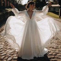 charming deep v neck wedding dresses 2021 a line backless puff sleeves floor length bride gown vestidos de noiva custom made
