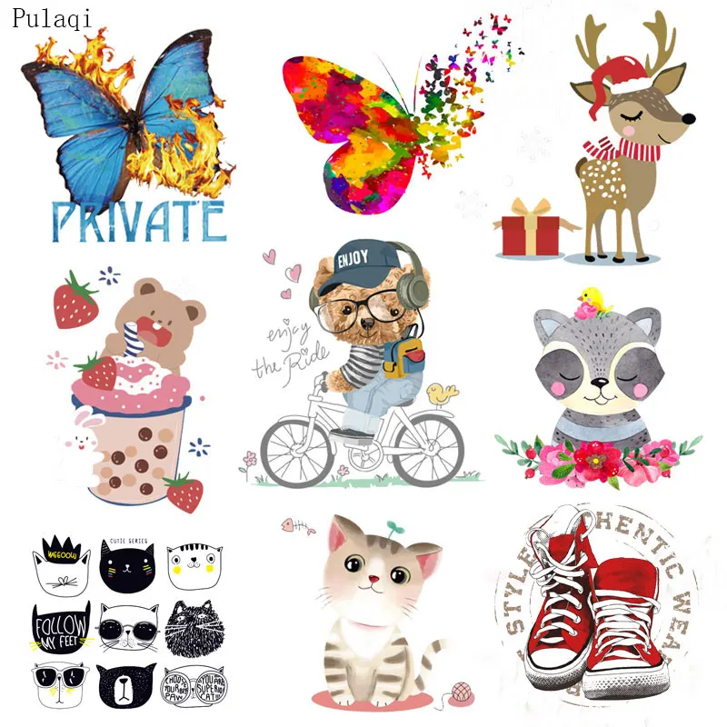 

Pulaqi Butterfly Iron on Transfers Clothes Sticker Patch Cartoon Cat Patch Heat Transfer Vinyl Stripes for Clothes Applique
