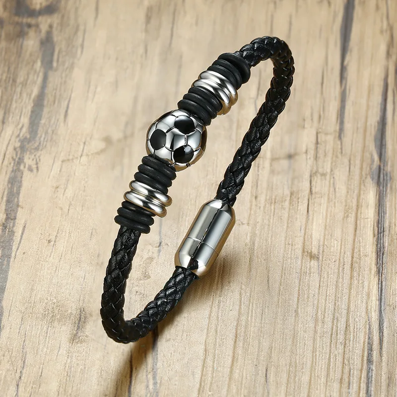 Hot sale 20.5CM long titanium steel football accessories leather men's bracelet&bangles