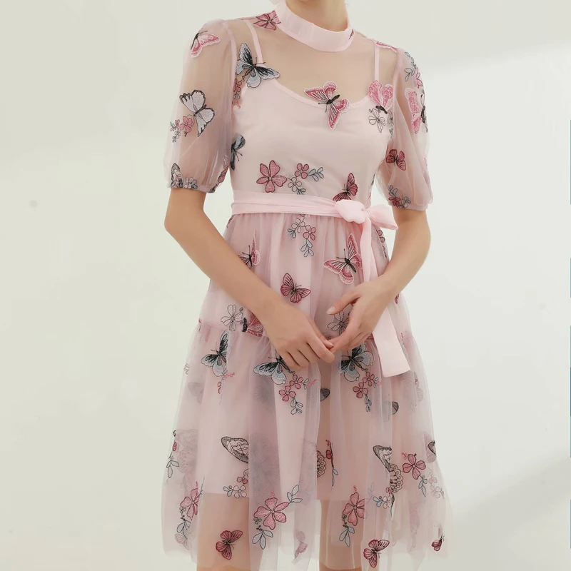 

Женское платье с цветочной вышивкой, модельное приталенное платье из тюля в богемном стиле ретро, платье с коротким рукавом и поясом, лето ...