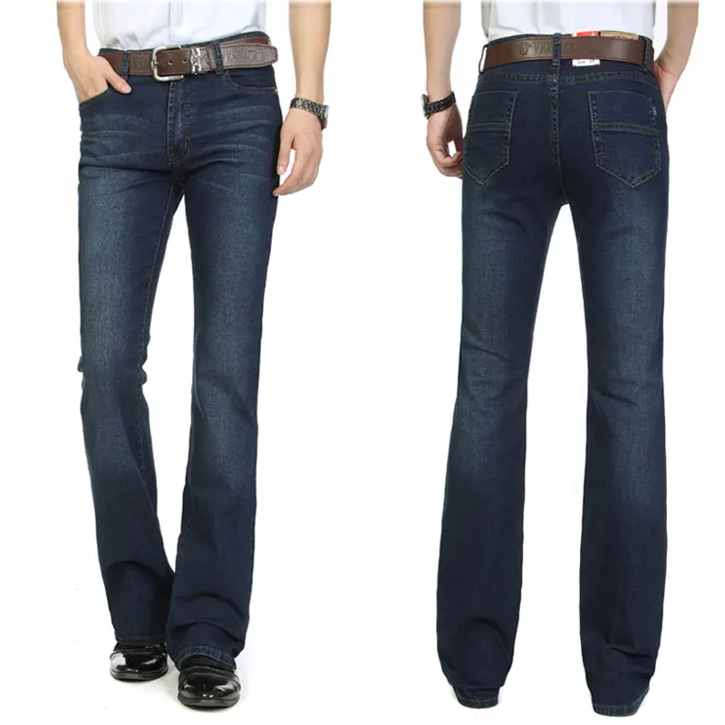 Business Casual Men's Jeans Trousers Mid Waist Elastic Slim Boot Cut Semi-Flared Bell Bottom Denim Pants 26-38