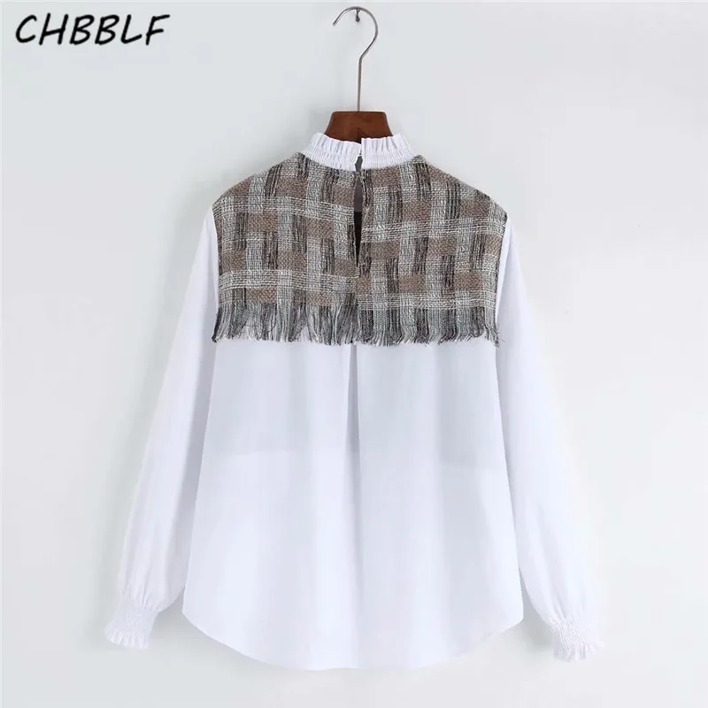 CHBBLF women elegant tweed patchwork blouse long sleeve ruffled collar shirts sweet preppy style female casual chic tops C9716 | Женская