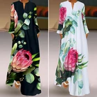 Женский сарафан с длинным рукавом, принтом и V-образным вырезом, лето платье в богемном стиле с цветочным рисунком