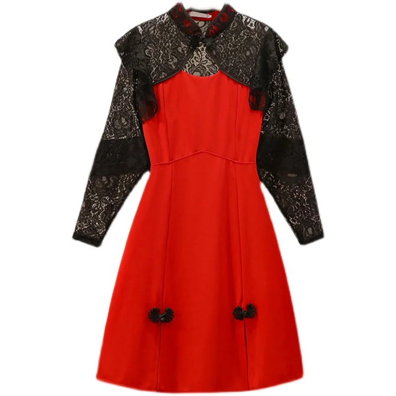 

EHQAXIN Spring New Women's Plus Size Korean Style Slim Dress Lace Stitching Skirt Sexy Dresses Long-Sleeved Tops L-5XL