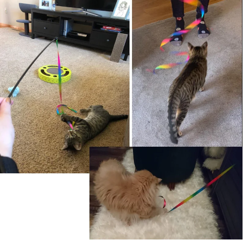 

Interactive Cat Toys Rainbow Cat Charmer Colorful Fabric Ribbon Cat Wand Cat Catcher Teaser Stick Toy for Kitten Training