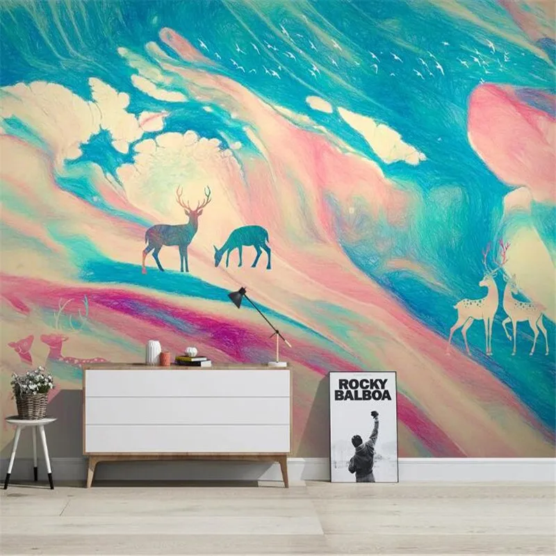 Большие 3D обои роспись на заказ ручная Лось абстрактное небо облака река ТВ диван