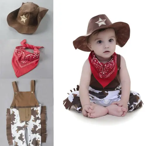 

Newborn Baby Boy Clothes Cowboy Hat+Scarf+Sleeveless Romper 3PCS Outfits Western Cowboy Sheriff Fancy Clothes