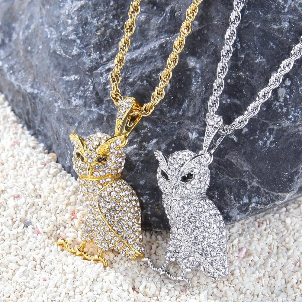 Iced Out Подвески в виде животных Совы Полный Стразы ожерелье с мишурой Золото Серебро Цвет хип хоп рэппер ювелирные изделия для женщин мужские ожерелье s