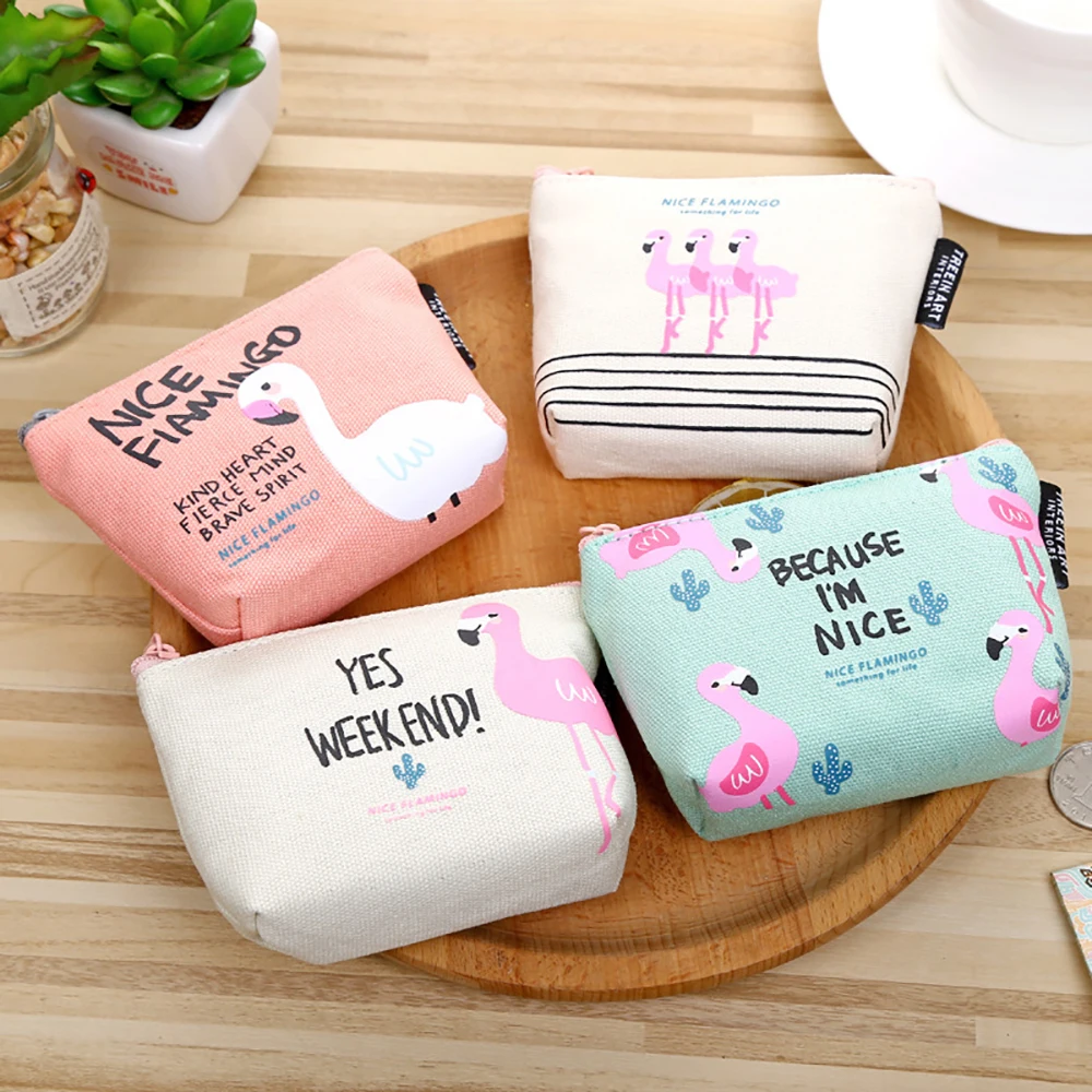 

Cartoon Flamingo Canvas Coin Purse Mini Zipper Wallet Bag Cute Card Holder Candy Storage Sundries Container Pocket Purse
