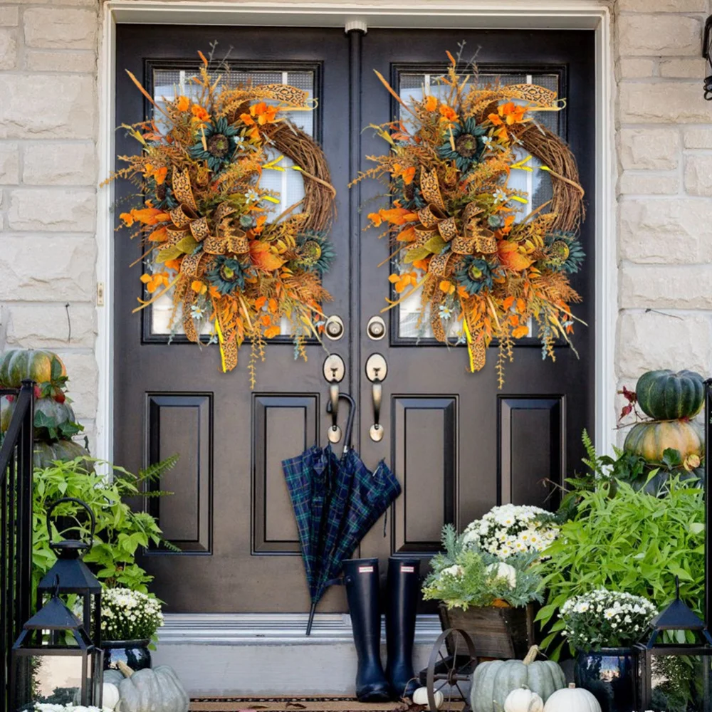 

Thanksgiving Day 40cm Artificial Wreaths Farmhouse Bow Garland Front Door Welcome Wreath with Sunflower Wedding Christmas Decor