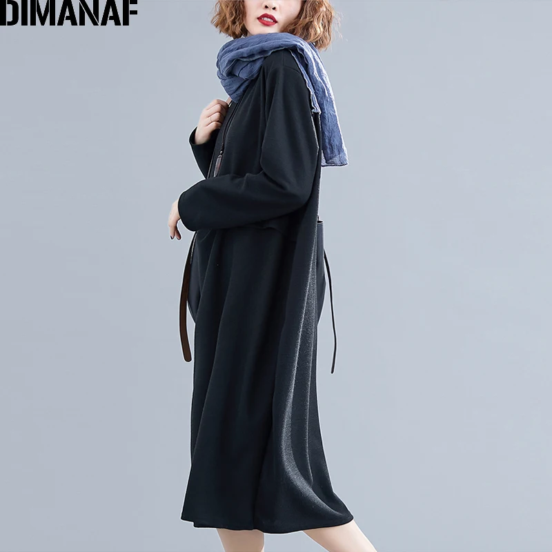Niu99161CN-hei DIMANAF женское платье большого размера, осеннее, с длинным рукавом, со складками, базовое, повседневное, большой размер, женское, Vestidos, свободное, трикотажное, тонкое - Цвет: Niu99161CN-hei