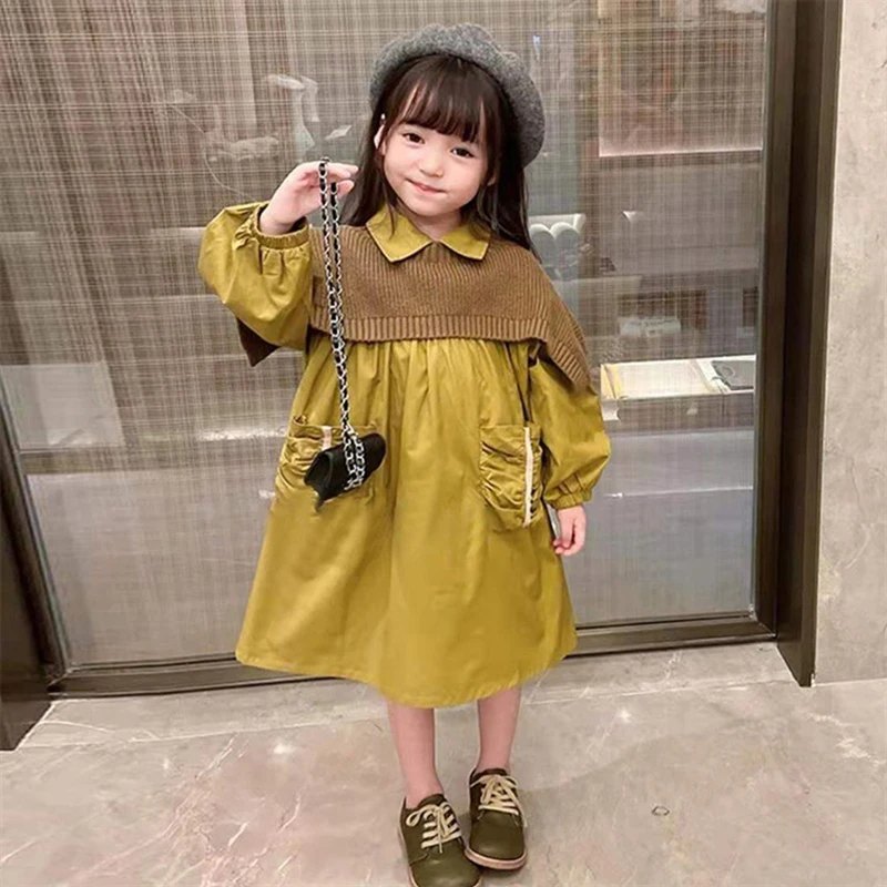 

2021 Retro Knitted Shawl Dress Winter Long Sleeve Princess Dress Baby Children's Clothes Western Retro Autumn Dresses Girl