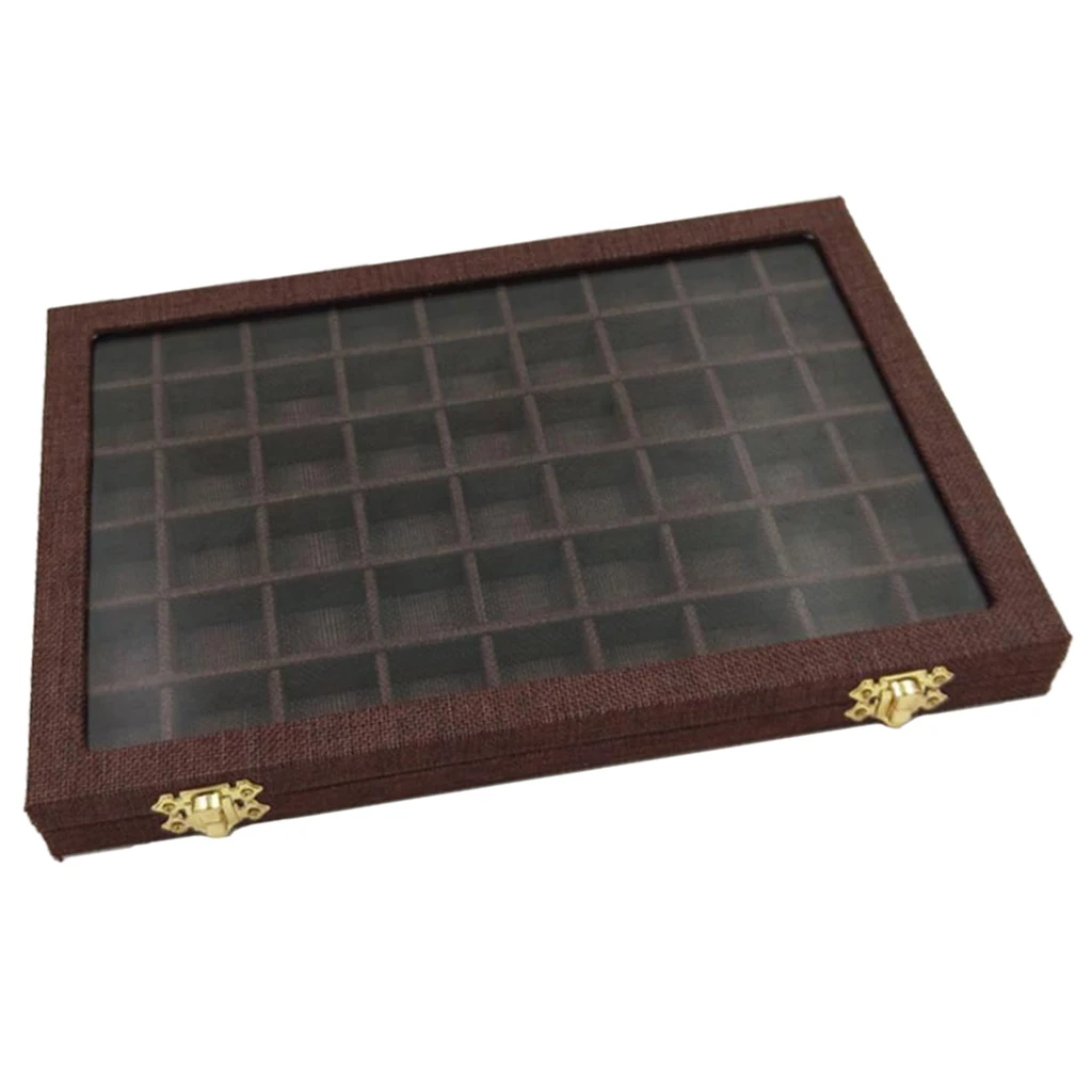 Line Board 54 Grids Clear Glass Lid Rings Holder Showcase Jewelry Case Organizer Jewelry Box for Earrings Necklaces Bracelets