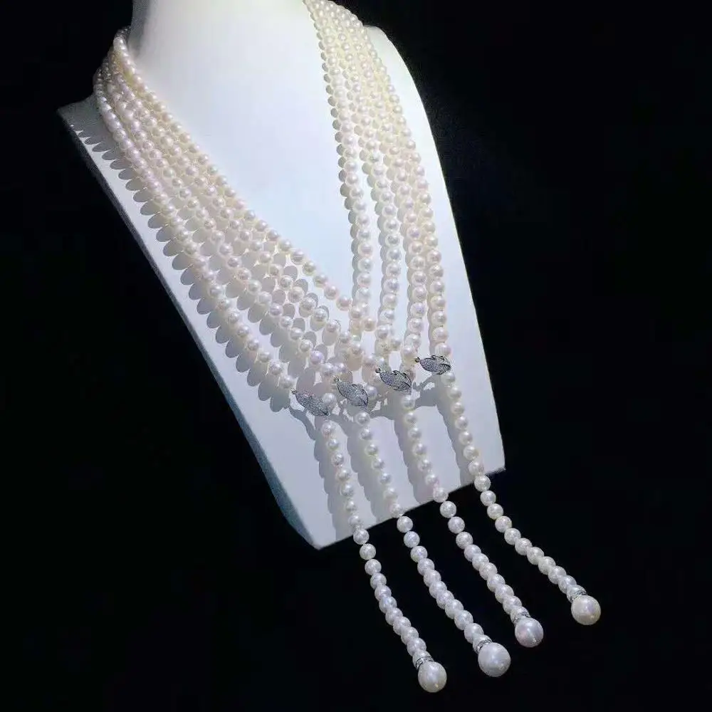 

Hand knotted 100cm 8-9mm white nearly round freshwater pearl temperament micro inlay zircon necklace fashion jewelry