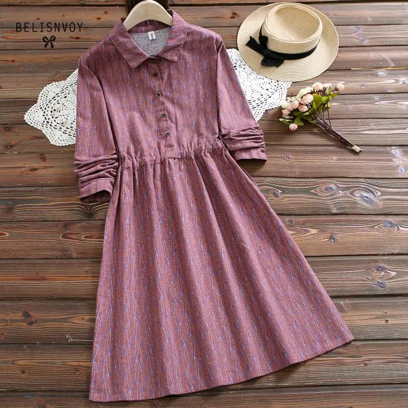 Женское Хлопковое платье с отложным воротником длинным рукавом и цветочным