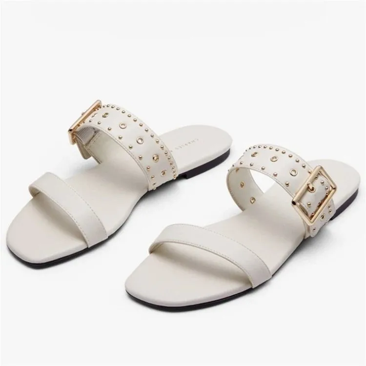 

Women's Sandals 2021 New One-Word Slippers Women's Outer Wear Open-Foed Rivet Flat Fashion Shoes Chaussure Femme Zapatos Mujer