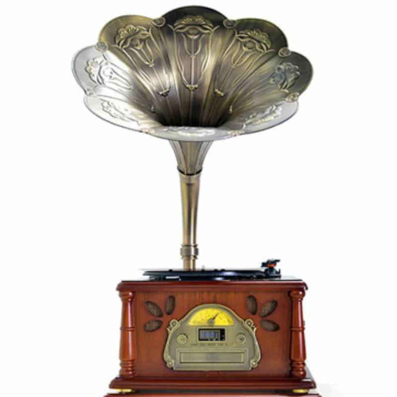 

Retro gramophone, antique vinyl record player, European classical art record player, living room, nostalgic loudspeaker