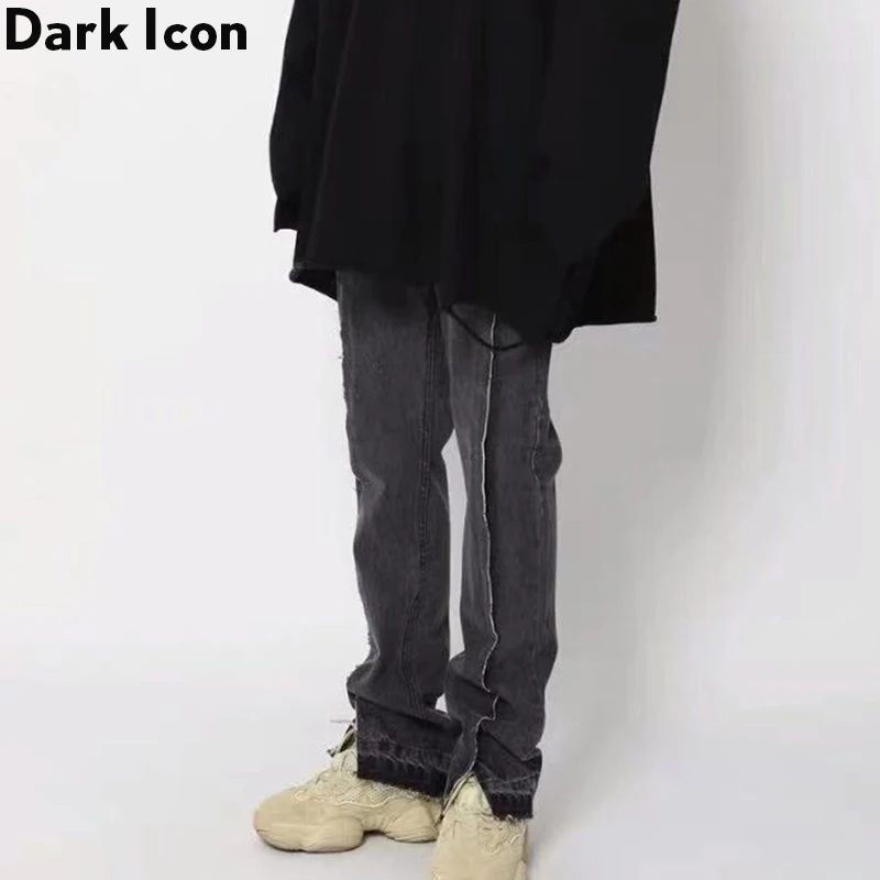 Dark Icon Middle Split High Street Jeans Men Washing Grey Straight Hip Hop Jeans Men's Denim Pants
