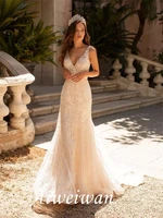 a line wedding dresses v neck court train polyester sleeveless formal boho plus size with lace insert appliques 2021