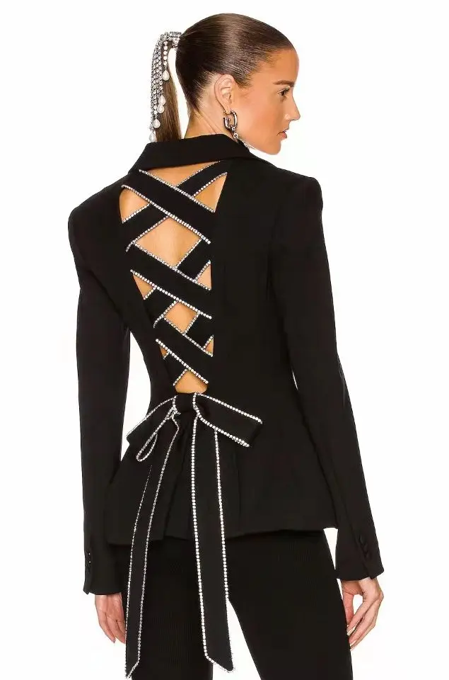 

HIGH STREET 2022 New Stylish Designer Jacket Women's Backless Bow Lace Up Diamonds Beading Blazer