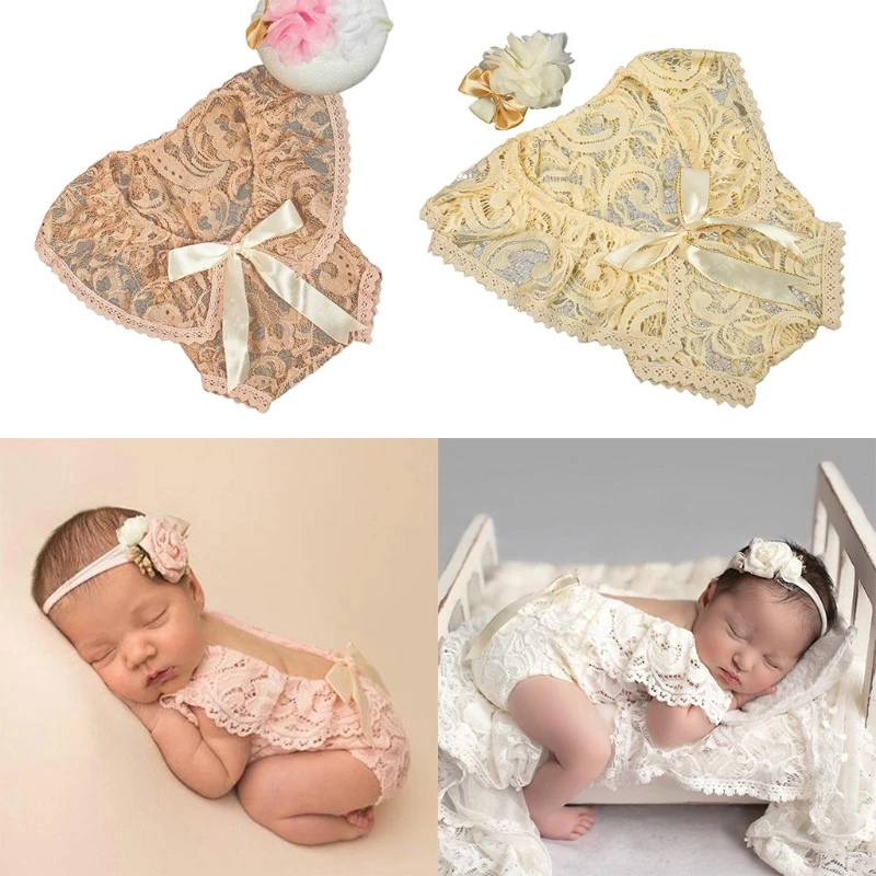 

2 Pcs/Set 0-1Month Newborn Photography Props Baby Headband Lace Romper Bodysuits Outfit Baby Girl Costume Photo Shooting
