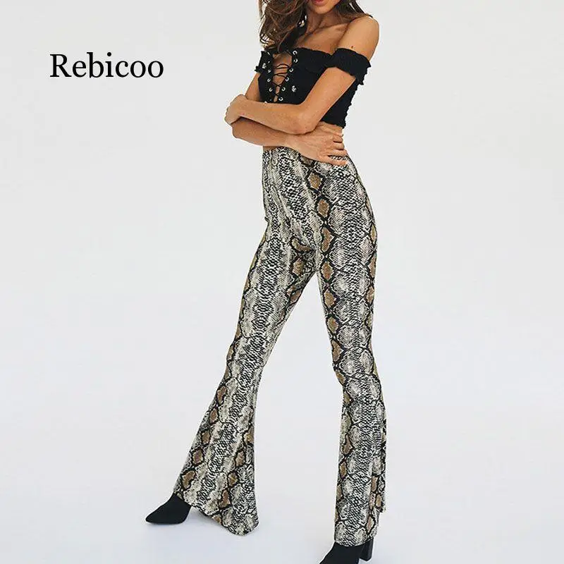 

Women Autumn Fashion Snake Skin Print Wide Leg Pants Sexy Party Club Flare Pants Casual Elastic Waist Trousers Pantalones