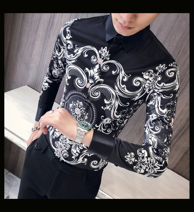 Мужская рубашка с принтом пейсли, Camisa, облегающая мужская деловая рубашка для мужчин, облегающая Корейская одежда, мужская рубашка для выпускного вечера