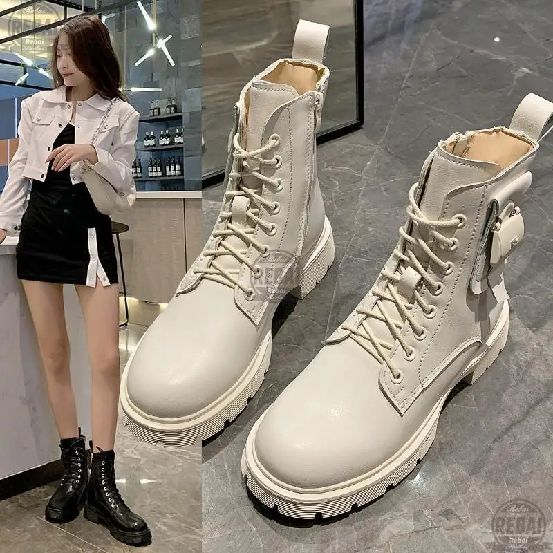 

2021 New White Black Pu Leather Ankle Boots Women Autumn Winter Round Toe Lace Up Shoes Woman Fashion Motorcycle Platform