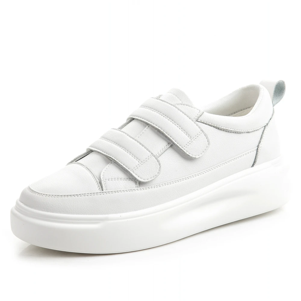 

White Female Spring 2021 New Thick-soled Shallow Mouth Split Leather Women's Casual Flat Vulcanized Shoes Walking Footwear B0057