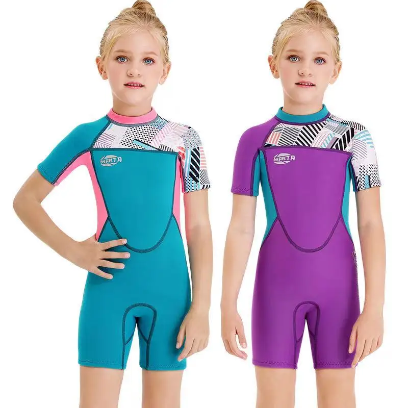 

2021 New Kids Diving Suit 2.5MM Neoprene Wetsuit Children For Girls Keep Warm One-piece Short Sleeves UV Protection Swimwear