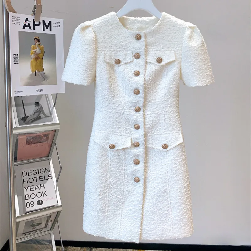 

Spring Autumn New Designer women's High quality Puff sleeve dress Fashion O-neck short sleeves tweed dress B501