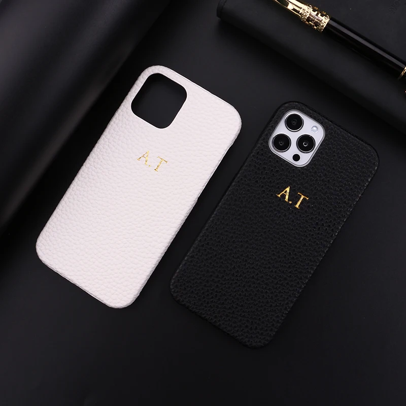 Personalization Custom Initial Name Pebble Grain Leather Phone Cover For iPhone 12 11 Pro X XR XS Max 7 8 Plus DIY  Phone Case