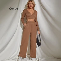 2021 european and american casual two piece womens suit knit sweater sexy top casual exquisite straight leg trousers women