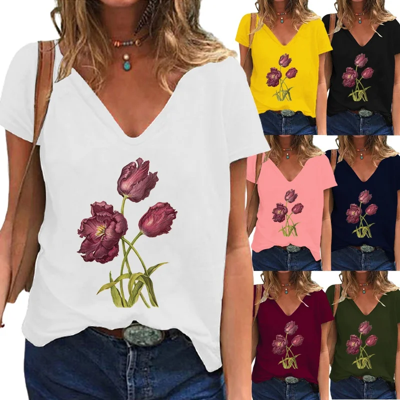 

Summer Fashion Womens Floral Printing Casual V-neck T-shirt Elegant Short-sleeved Solid Color Top Ladies Plus Size Top